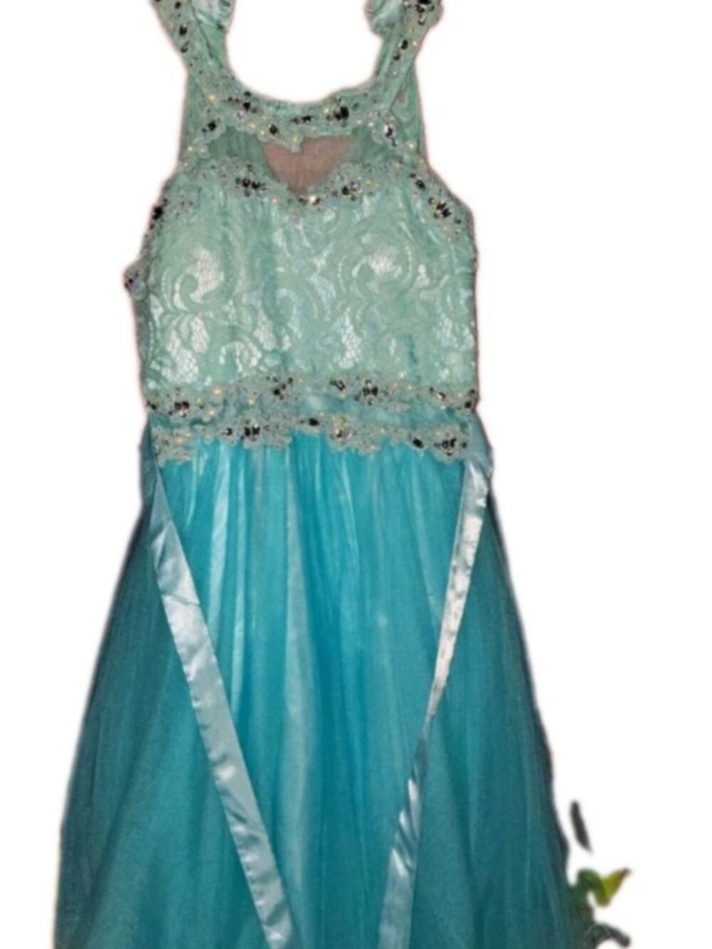 Cinderella Couture juniors Blue Lace Tulle V-Neck Dress 16 Beaded by Sammie Hahn